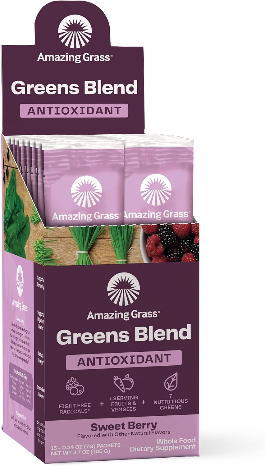 Organic Spirulina & Elderberry Greens Superfood Antioxidant Powder with Probiotics - Sweet Berry Flavor, 15 Servings