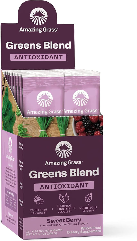 Organic Spirulina & Elderberry Greens Superfood Antioxidant Powder with Probiotics - Sweet Berry Flavor, 15 Servings