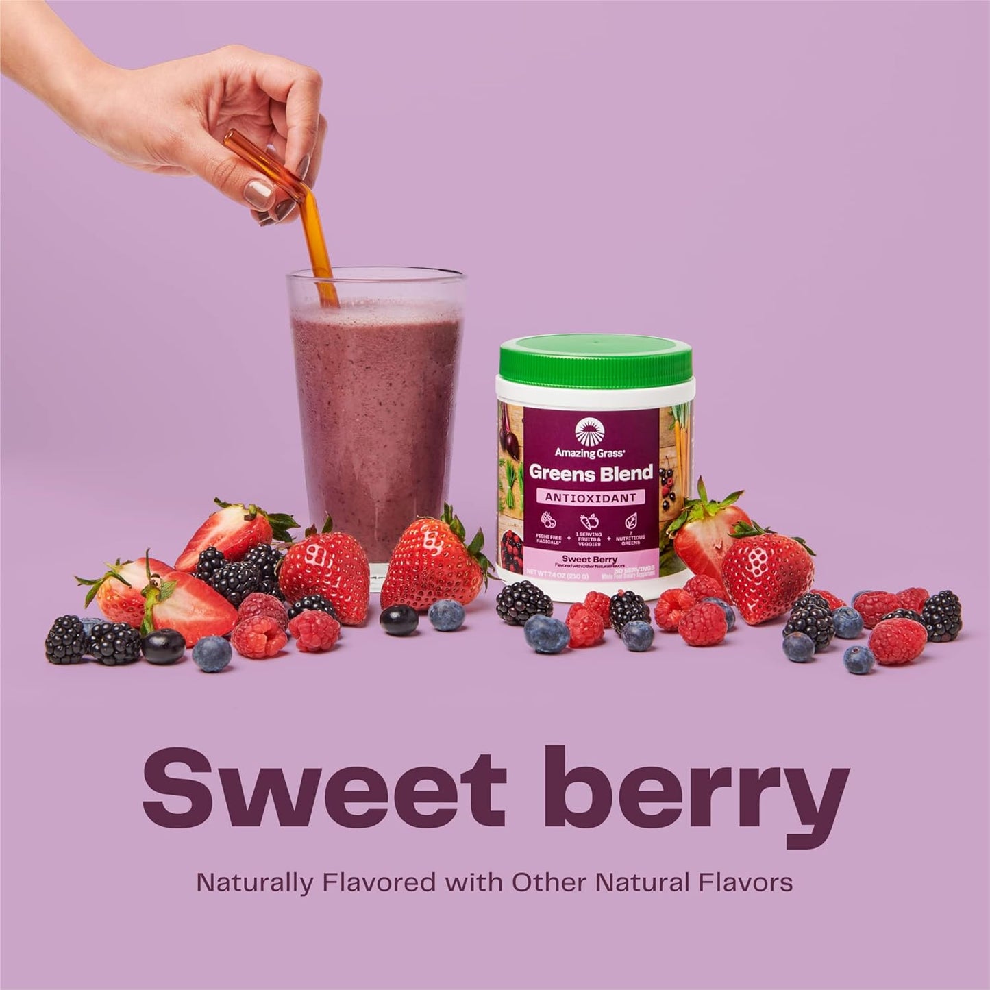 Organic Spirulina & Elderberry Greens Superfood Antioxidant Powder with Probiotics - Sweet Berry Flavor, 15 Servings