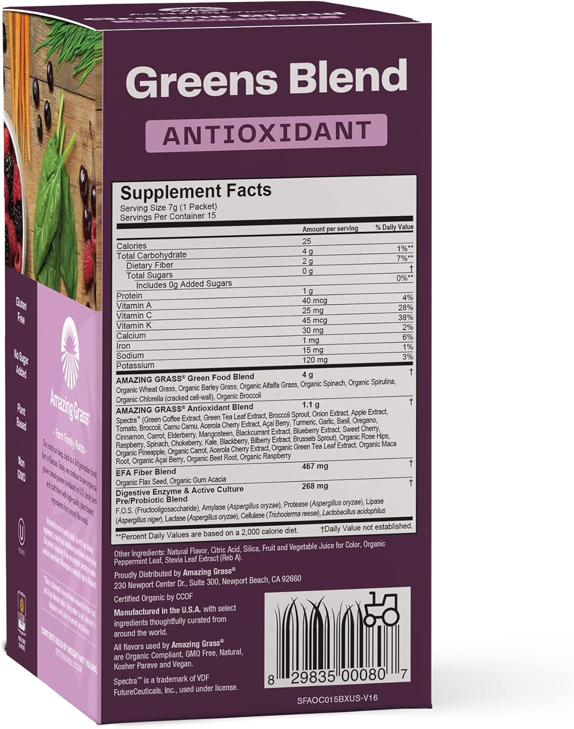 Organic Spirulina & Elderberry Greens Superfood Antioxidant Powder with Probiotics - Sweet Berry Flavor, 15 Servings