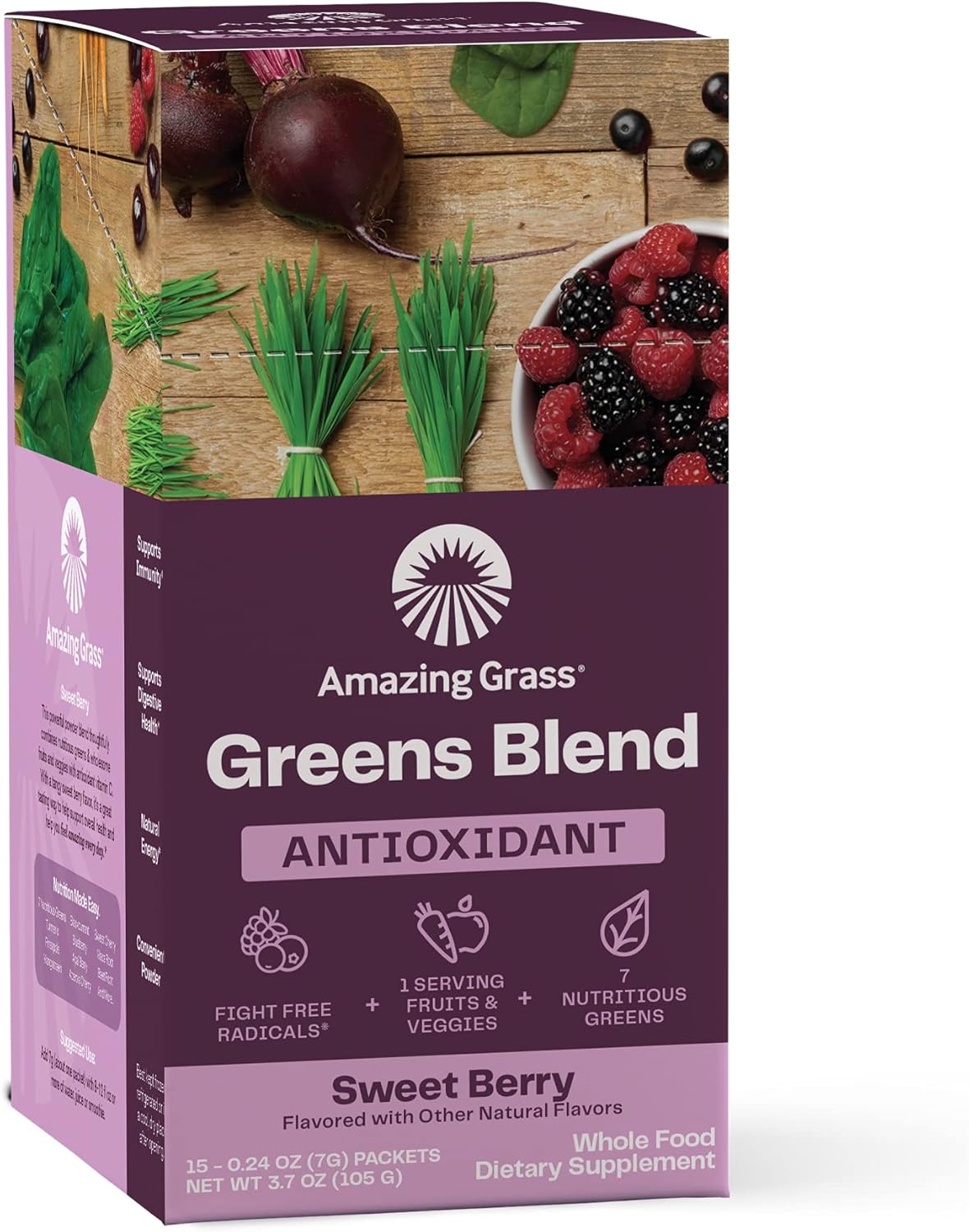 Organic Spirulina & Elderberry Greens Superfood Antioxidant Powder with Probiotics - Sweet Berry Flavor, 15 Servings