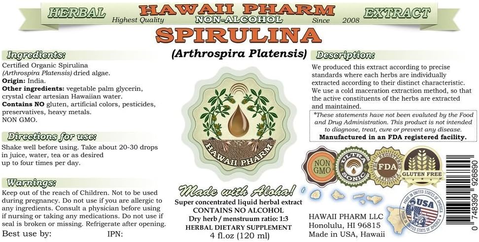 Organic Spirulina Liquid Extract: Alcohol-Free Glycerite Supplement - 60 fl.oz - Hawaii Pharm USA