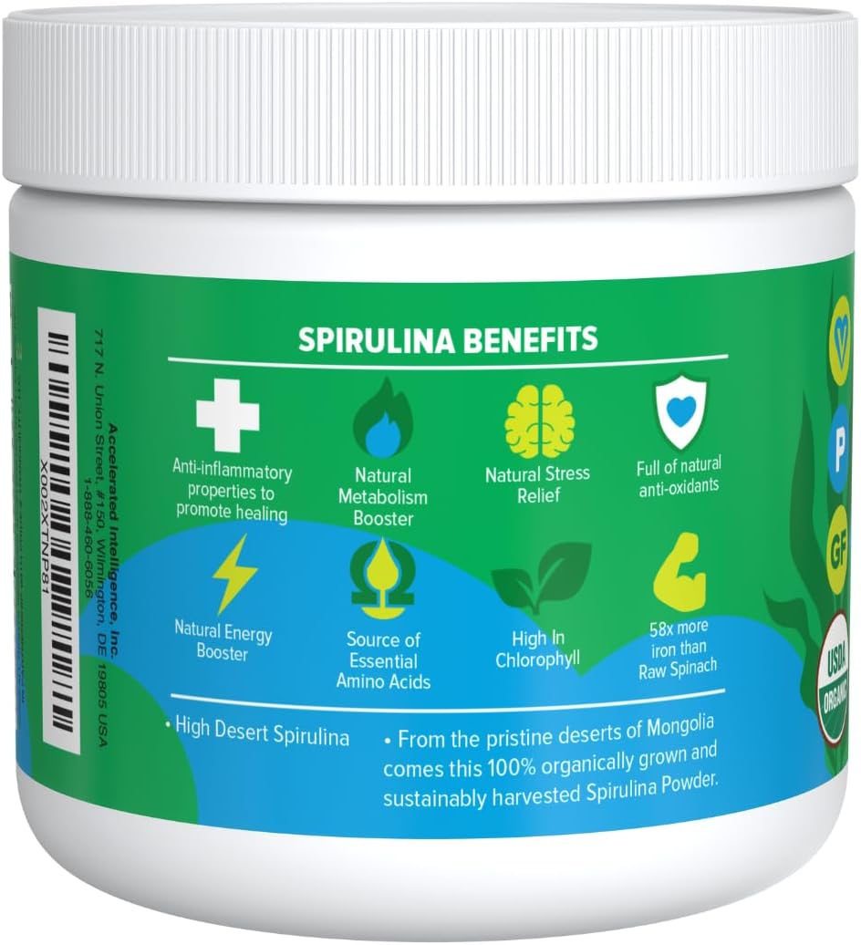 Organic Spirulina Powder - 83 Servings (8.82 oz / 250g) Non-GMO Blue Green Algae, Raw & Vegan - 250g Spirulina Powder