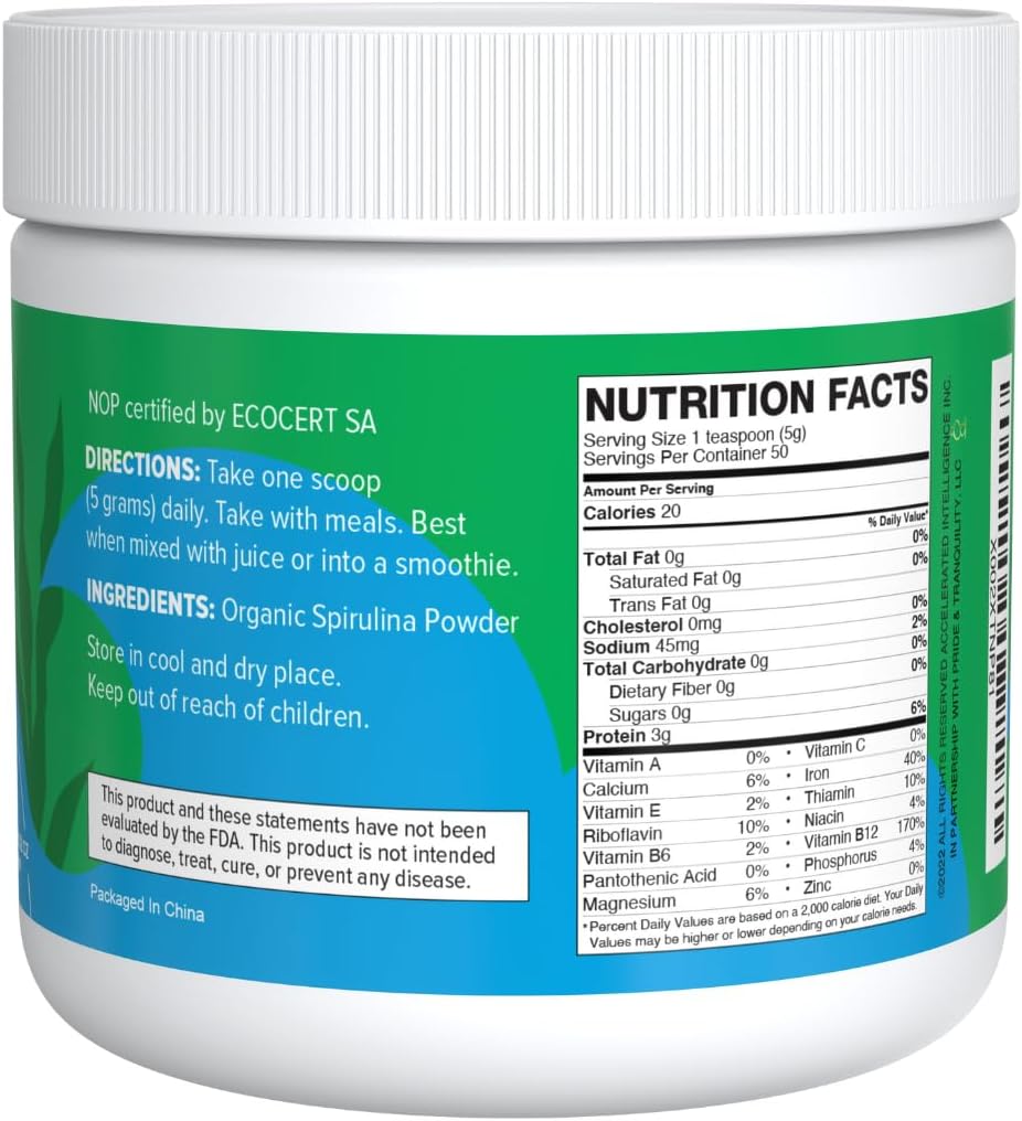 Organic Spirulina Powder - 83 Servings (8.82 oz / 250g) Non-GMO Blue Green Algae, Raw & Vegan - 250g Spirulina Powder