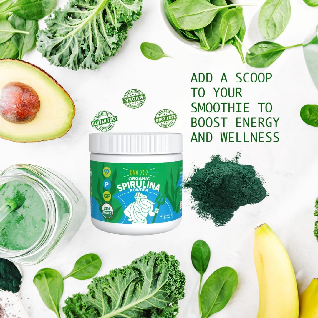 Organic Spirulina Powder - 83 Servings (8.82 oz / 250g) Non-GMO Blue Green Algae, Raw & Vegan - 250g Spirulina Powder
