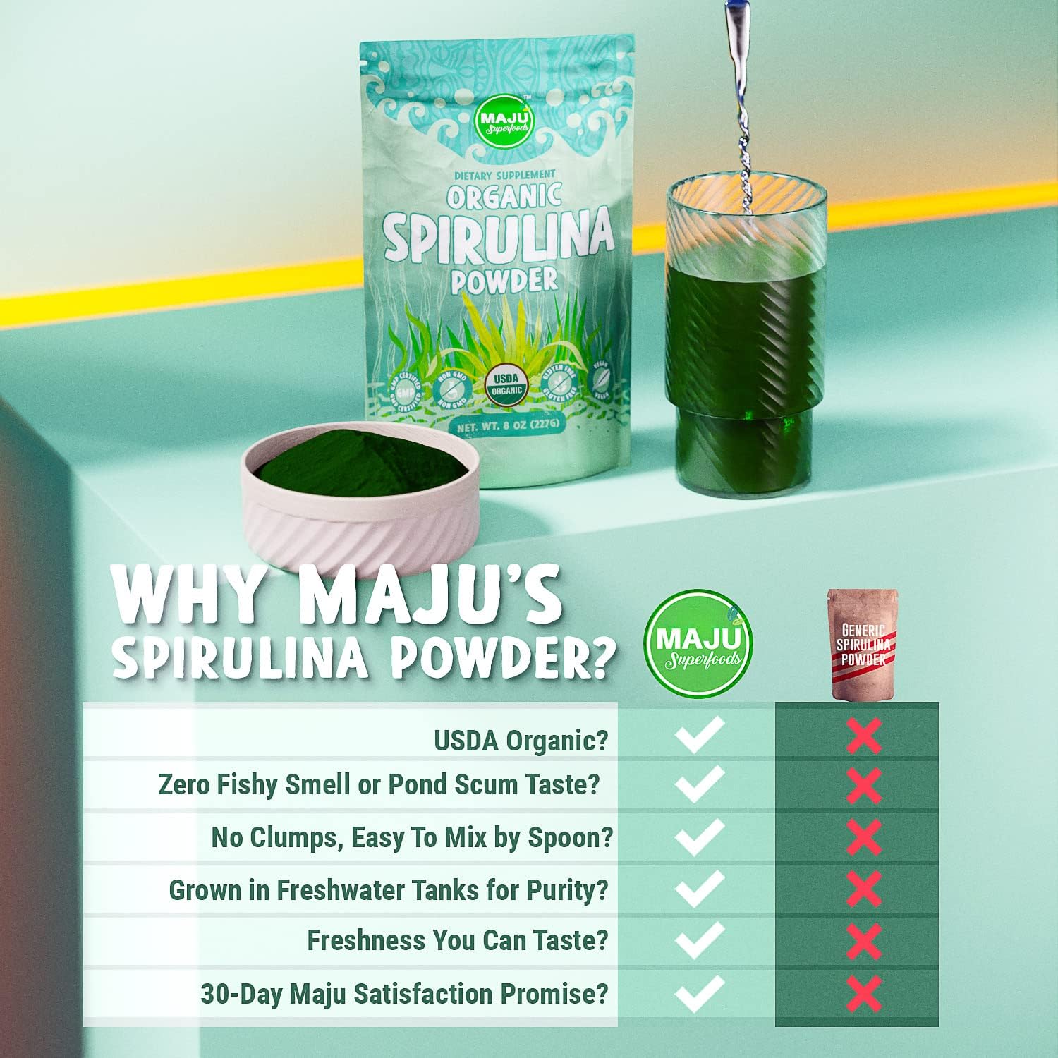 Organic Spirulina Powder 0.5 lb - Non-Irradiated & Microcystin Free - Pure Vegan Green Protein - Superior to Chlorella & Blue Algae