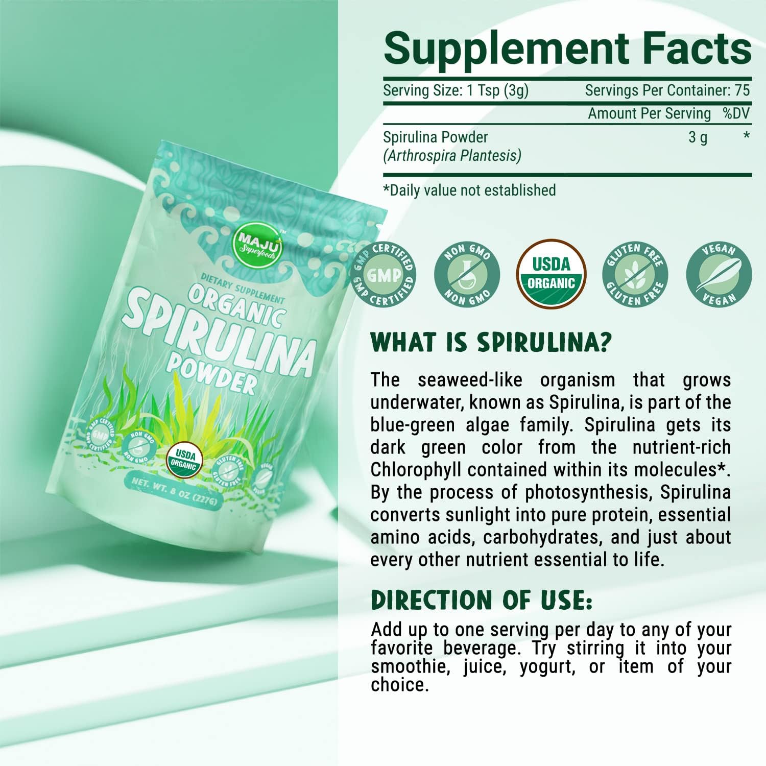 Organic Spirulina Powder 0.5 lb - Non-Irradiated & Microcystin Free - Pure Vegan Green Protein - Superior to Chlorella & Blue Algae