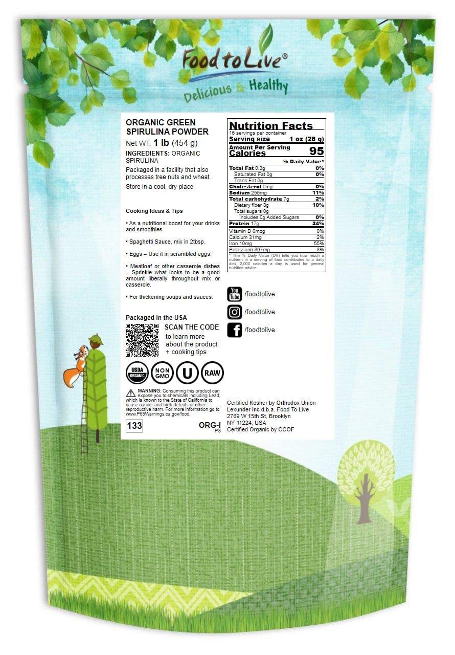 Organic Spirulina Powder 1lb - Non-GMO, Kosher, Raw Blue-Green Algae Superfood for Drinks - Vegan Protein Rich in Vitamins & Minerals