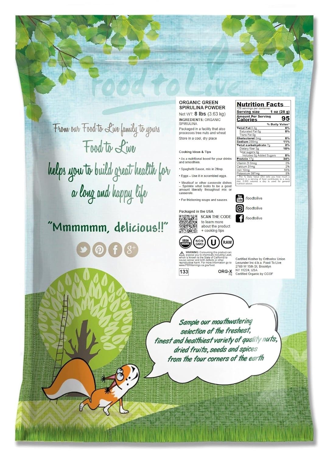 Organic Spirulina Powder 8lbs - Non-GMO Raw Blue-Green Algae Superfood for Drinks - Vegan Green Protein, Kosher & Non-Irradiated