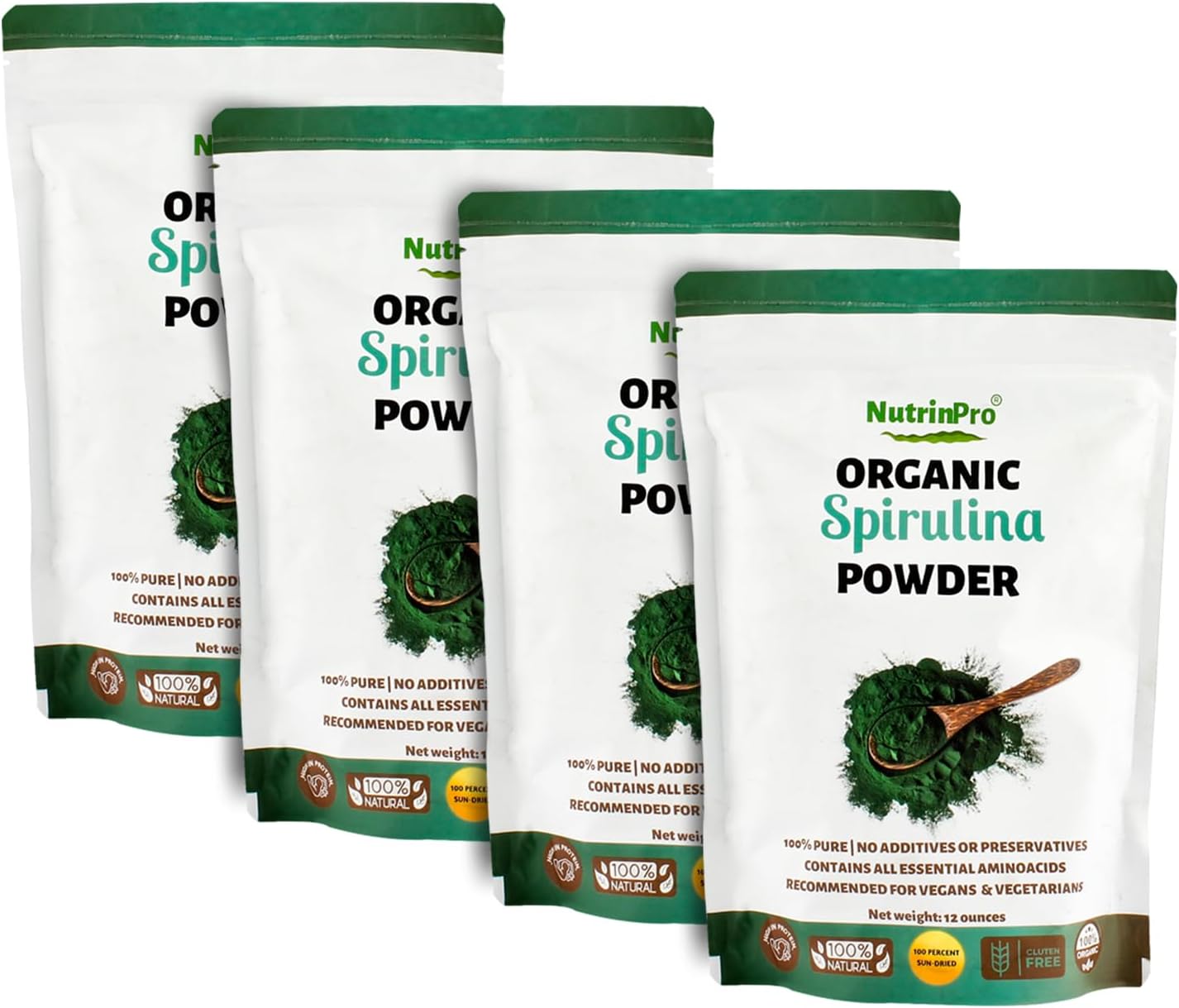 Organic Spirulina Powder Four Pack - Ideal for Juices and Smoothies, High Protein, Vitamins, Antioxidants, Minerals - Gluten-Free (48 Ounces)