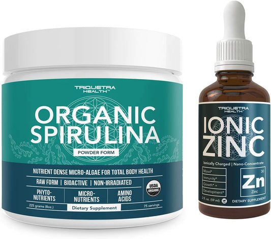 Organic Spirulina Powder with Liquid Ionic Zinc by Triquetra Health - Health Boosting Superfood Combo