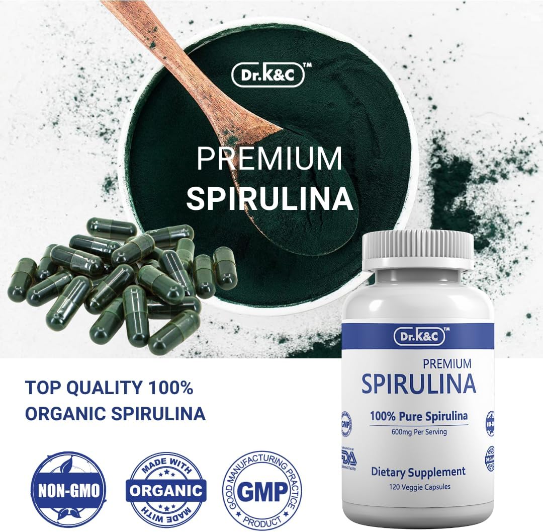 Organic Spirulina Superfood Supplement Capsules - 600mg Blue Green Microalgae for Immune System & Antioxidants - Vegan, Non-GMO, 240 Capsules (2 Pack)