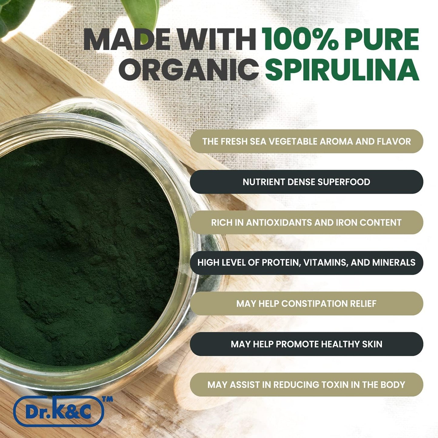 Organic Spirulina Superfood Supplement Capsules - 600mg Blue Green Microalgae for Immune System & Antioxidants - Vegan, Non-GMO, 240 Capsules (2 Pack)