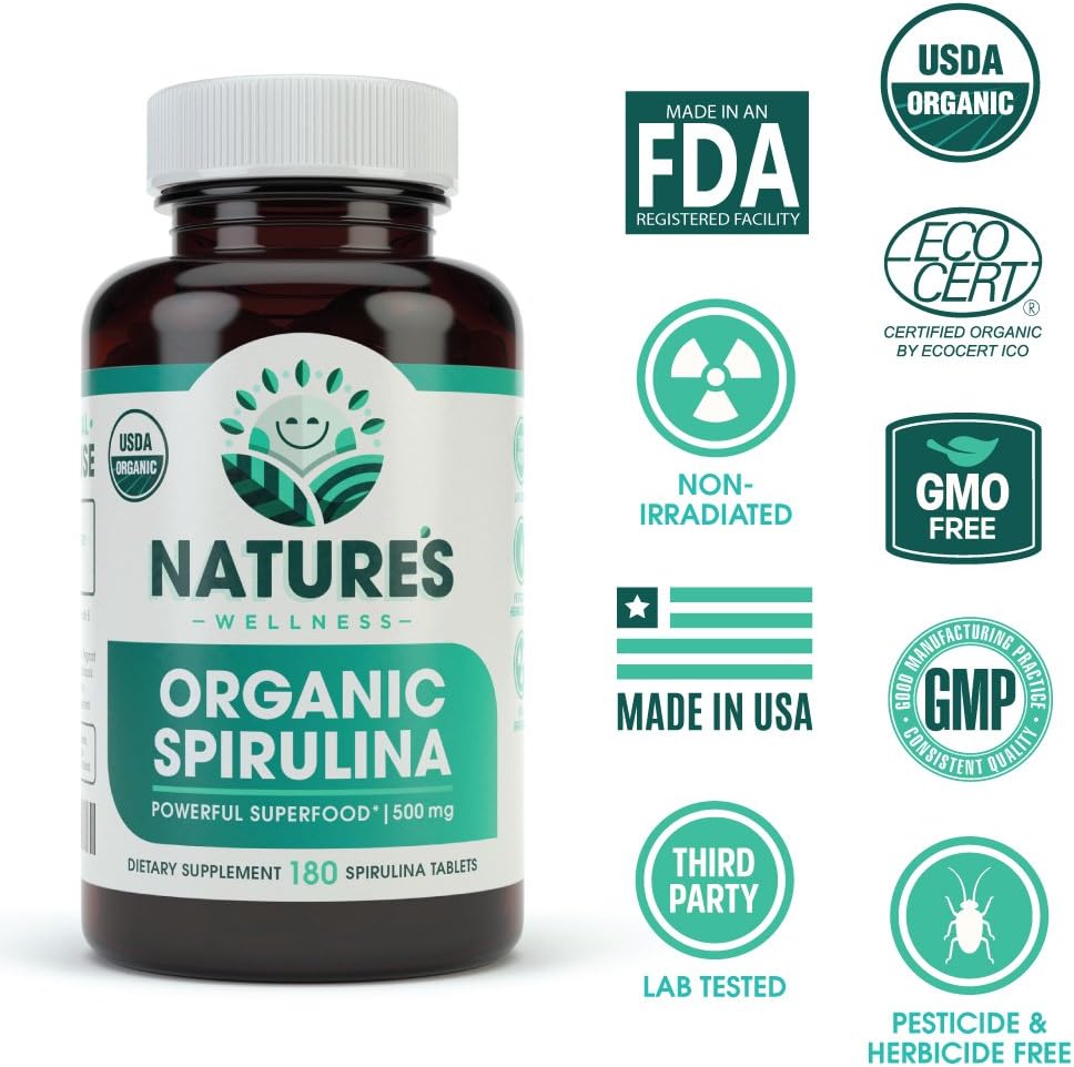 Organic Spirulina Tablets: 3000mg Blue Green Algae, Vegan, Gluten Free - 180 Count