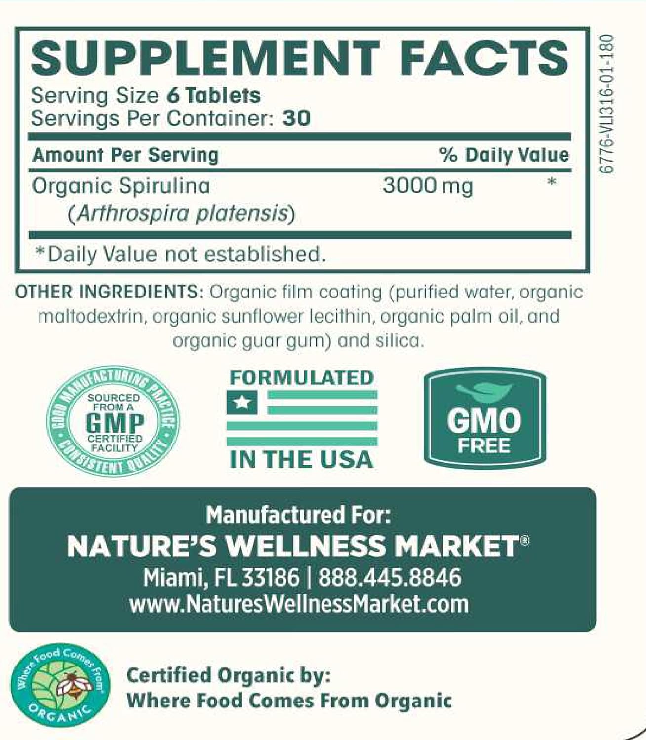 Organic Spirulina Tablets: 3000mg Blue Green Algae, Vegan, Gluten Free - 180 Count