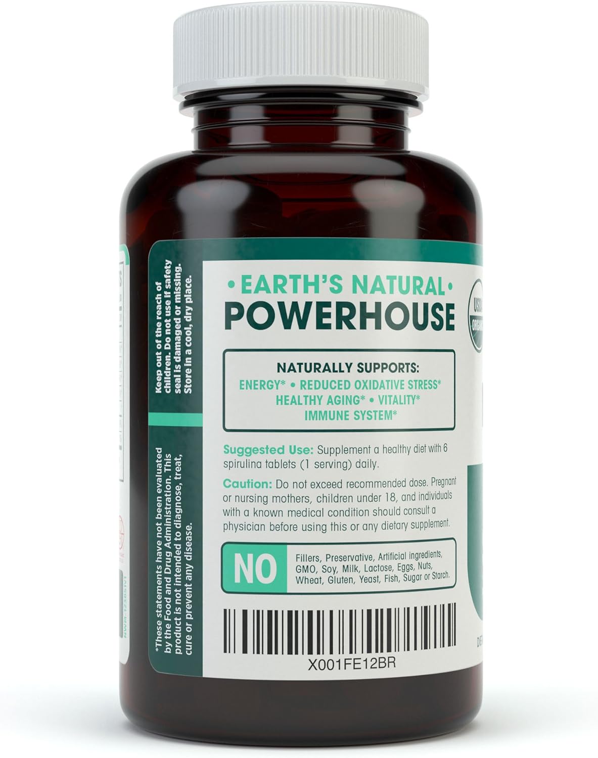 Organic Spirulina Tablets: 3000mg Blue Green Algae, Vegan, Gluten Free - 180 Count