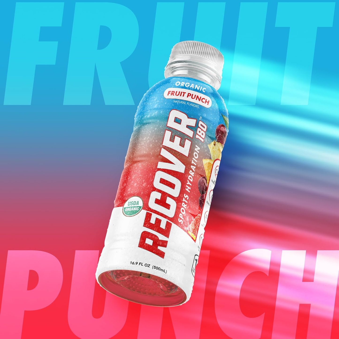 Organic Sports Hydration Drink with Electrolytes, Vitamins, and No Added Sugar - Fruit Punch Flavor (16.9 Fl Oz, Pack of 12)