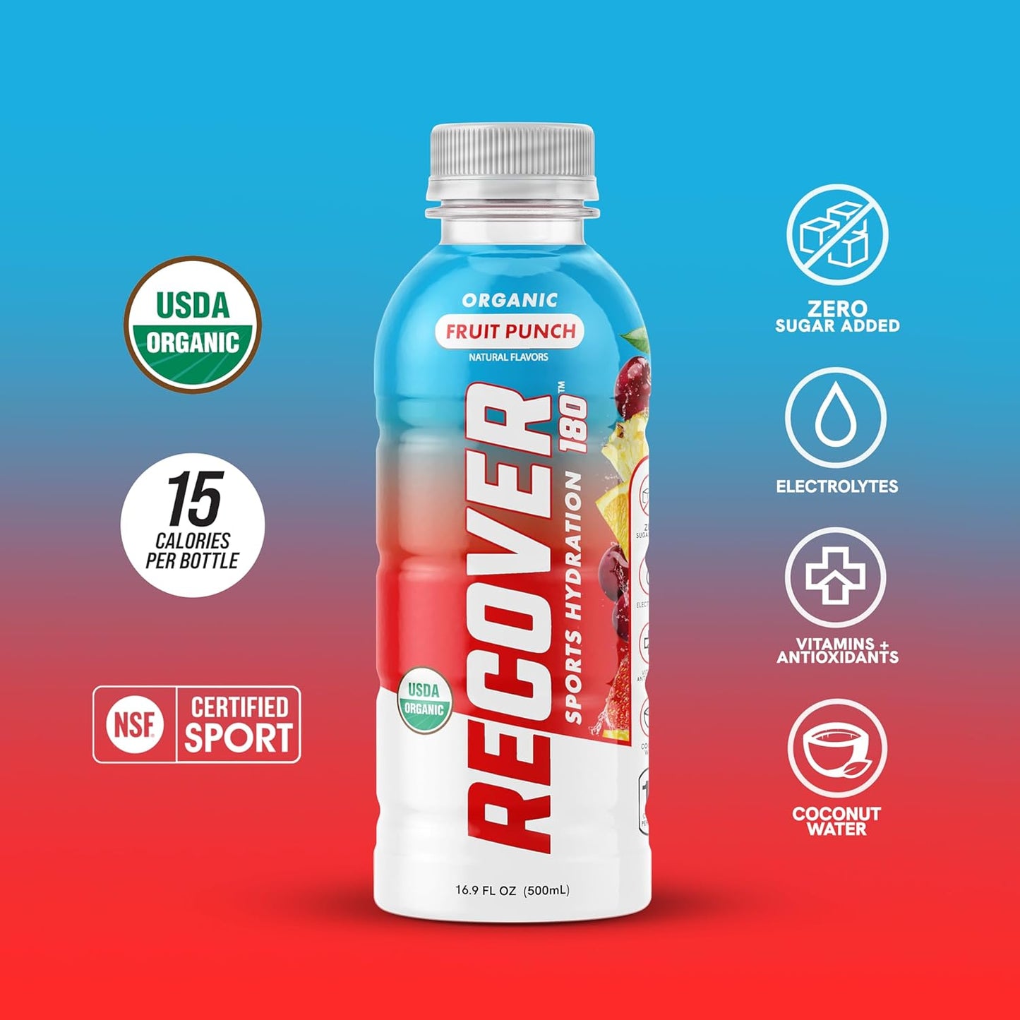 Organic Sports Hydration Drink with Electrolytes, Vitamins, and No Added Sugar - Fruit Punch Flavor (16.9 Fl Oz, Pack of 12)