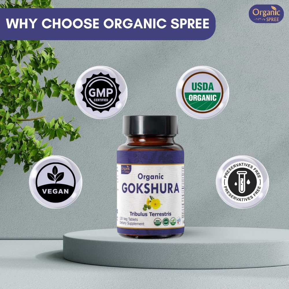 Organic Spree Gokshura Tablets - 240 Count | Vegan & USDA Certified | Immunity & Strength Support