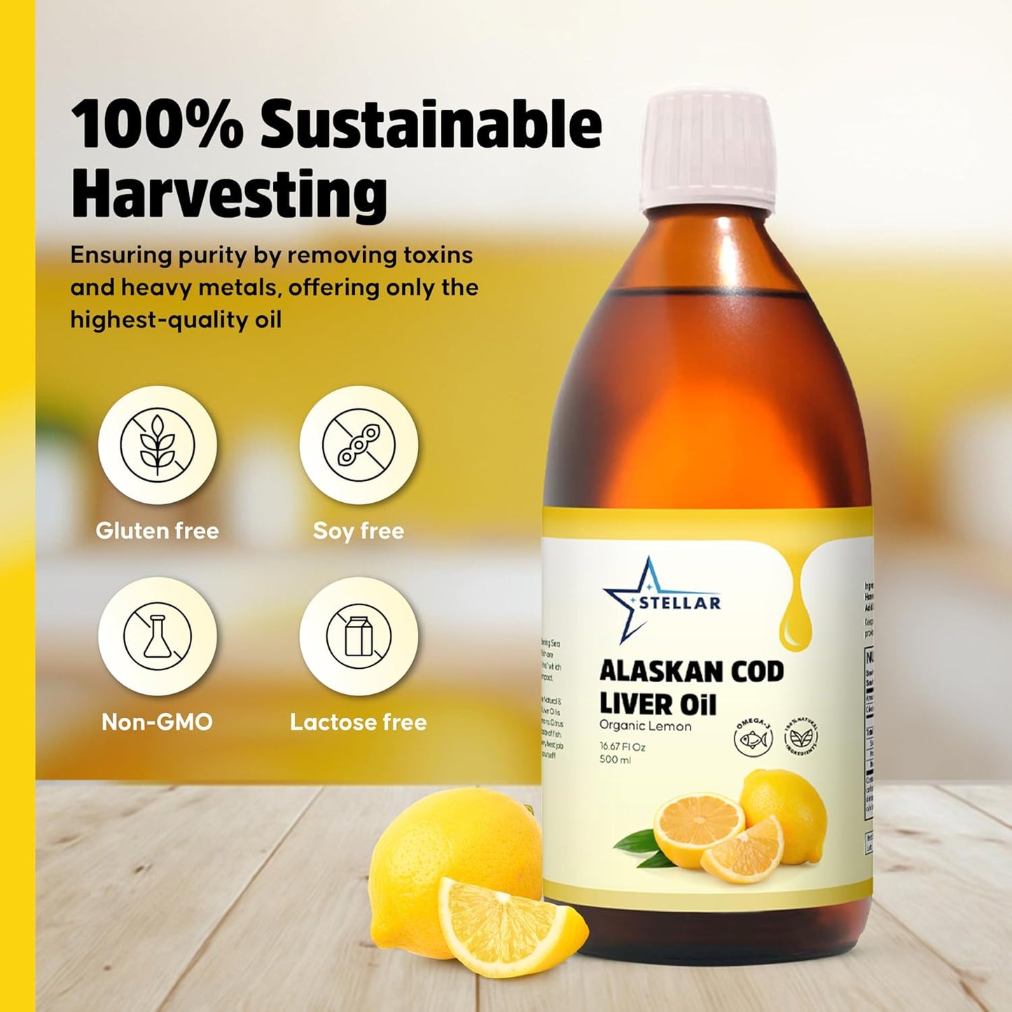 Organic Stellar Alaskan Cod Liver Oil with Omega-3 DHA/EPA & Vitamin D - Non-GMO, 16.67 oz - USA Wild-Caught - Supports Heart, Brain, Immune Health