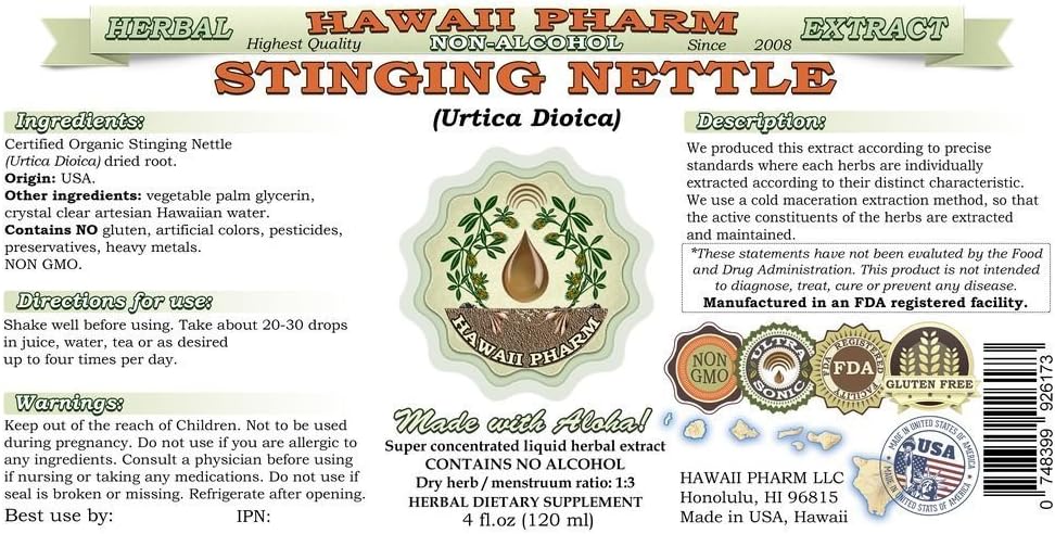 Organic Stinging Nettle Alcohol-Free Glycerite Extract - 2 fl.oz - Herbal Supplement - Hawaii Pharm USA