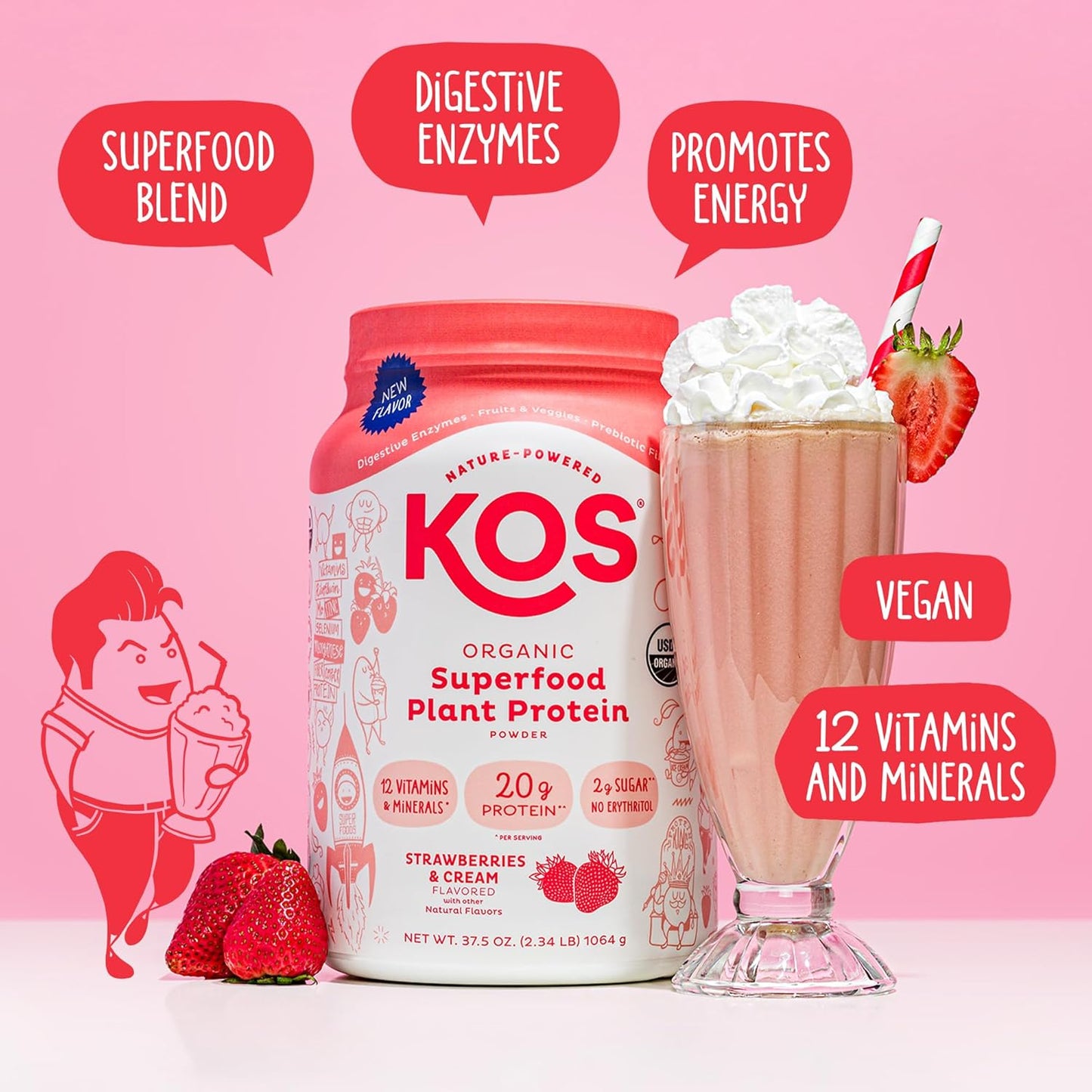 Organic Strawberries & Cream Plant Based Protein Powder - 28 Servings