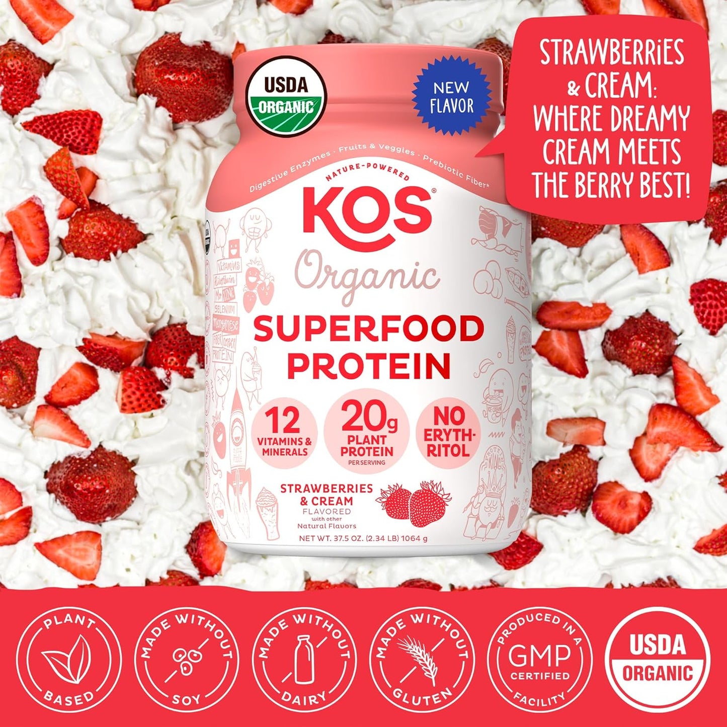 Organic Strawberries & Cream Plant Based Protein Powder - 28 Servings