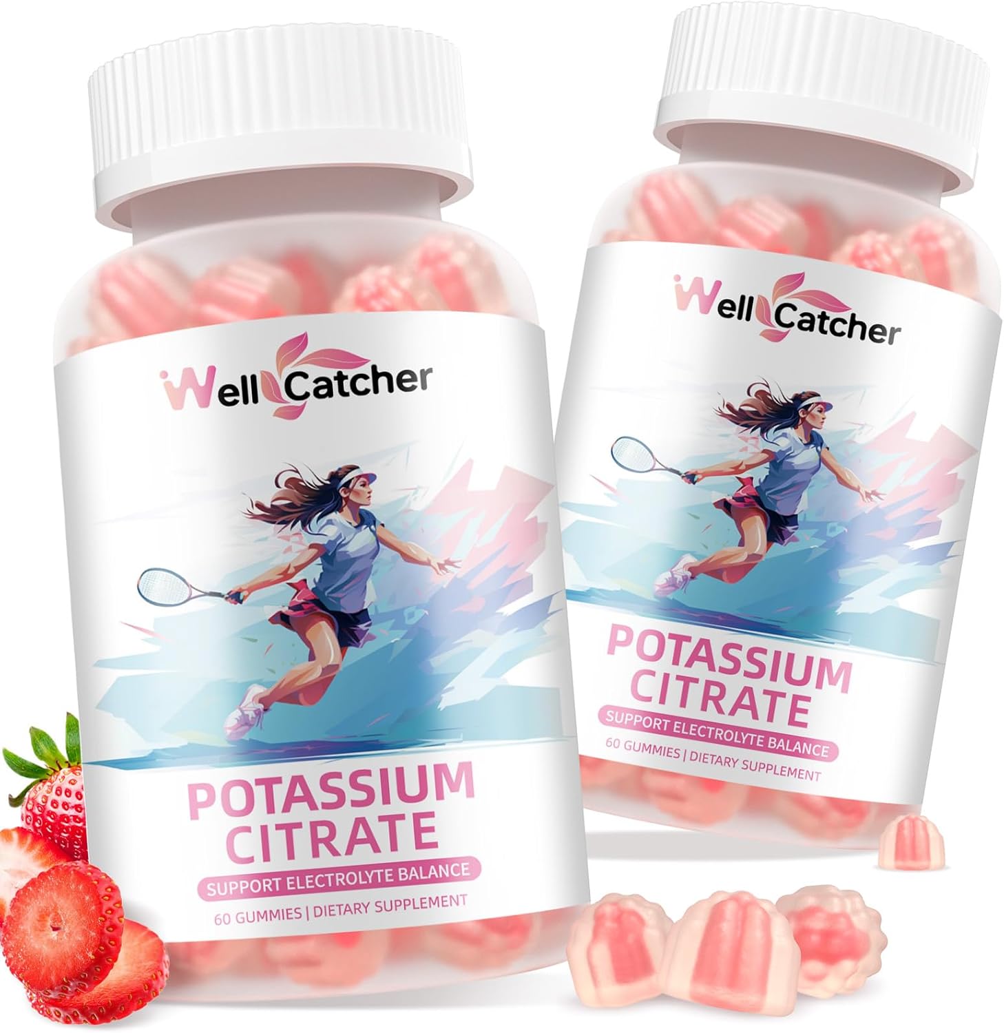 Organic Strawberry Flavor Wellcatcher Potassium Citrate Gummies - 500 MG High Potassium Supplement for Adults, Sugar-Free Vegan Support for Electrolyte Balance and Leg Cramps - 2 Packs
