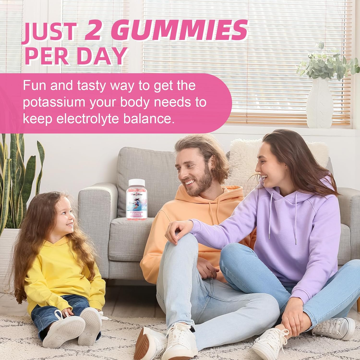 Organic Strawberry Flavor Wellcatcher Potassium Citrate Gummies - 500 MG High Potassium Supplement for Adults, Sugar-Free Vegan Support for Electrolyte Balance and Leg Cramps - 2 Packs