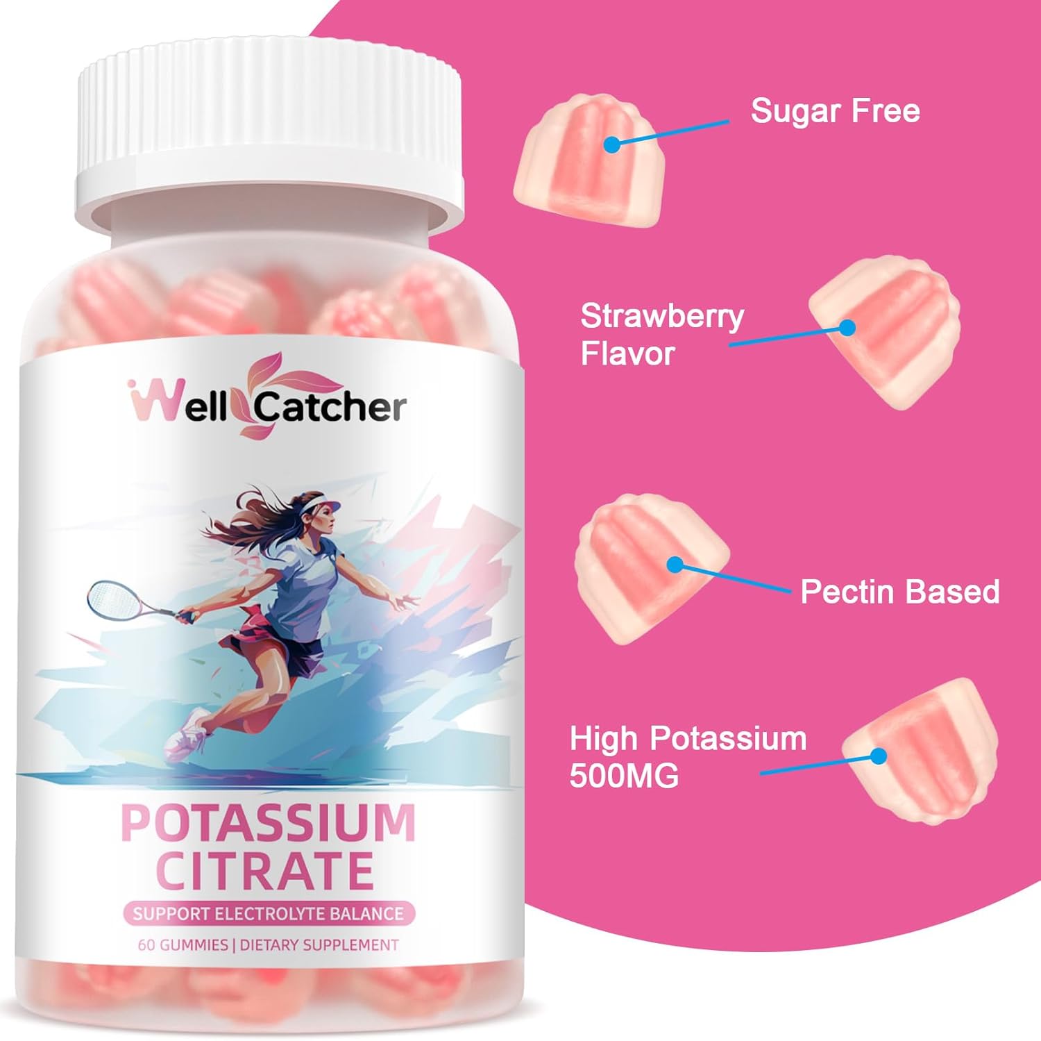 Organic Strawberry Flavor Wellcatcher Potassium Citrate Gummies - 500 MG High Potassium Supplement for Adults, Sugar-Free Vegan Support for Electrolyte Balance and Leg Cramps - 2 Packs
