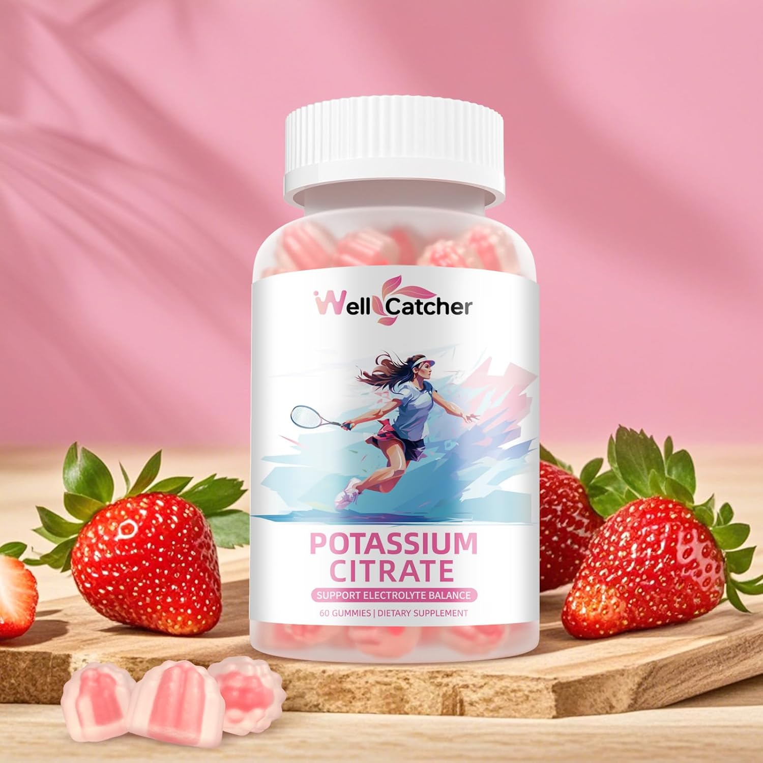 Organic Strawberry Flavor Wellcatcher Potassium Citrate Gummies - 500 MG High Potassium Supplement for Adults, Sugar-Free Vegan Support for Electrolyte Balance and Leg Cramps - 2 Packs