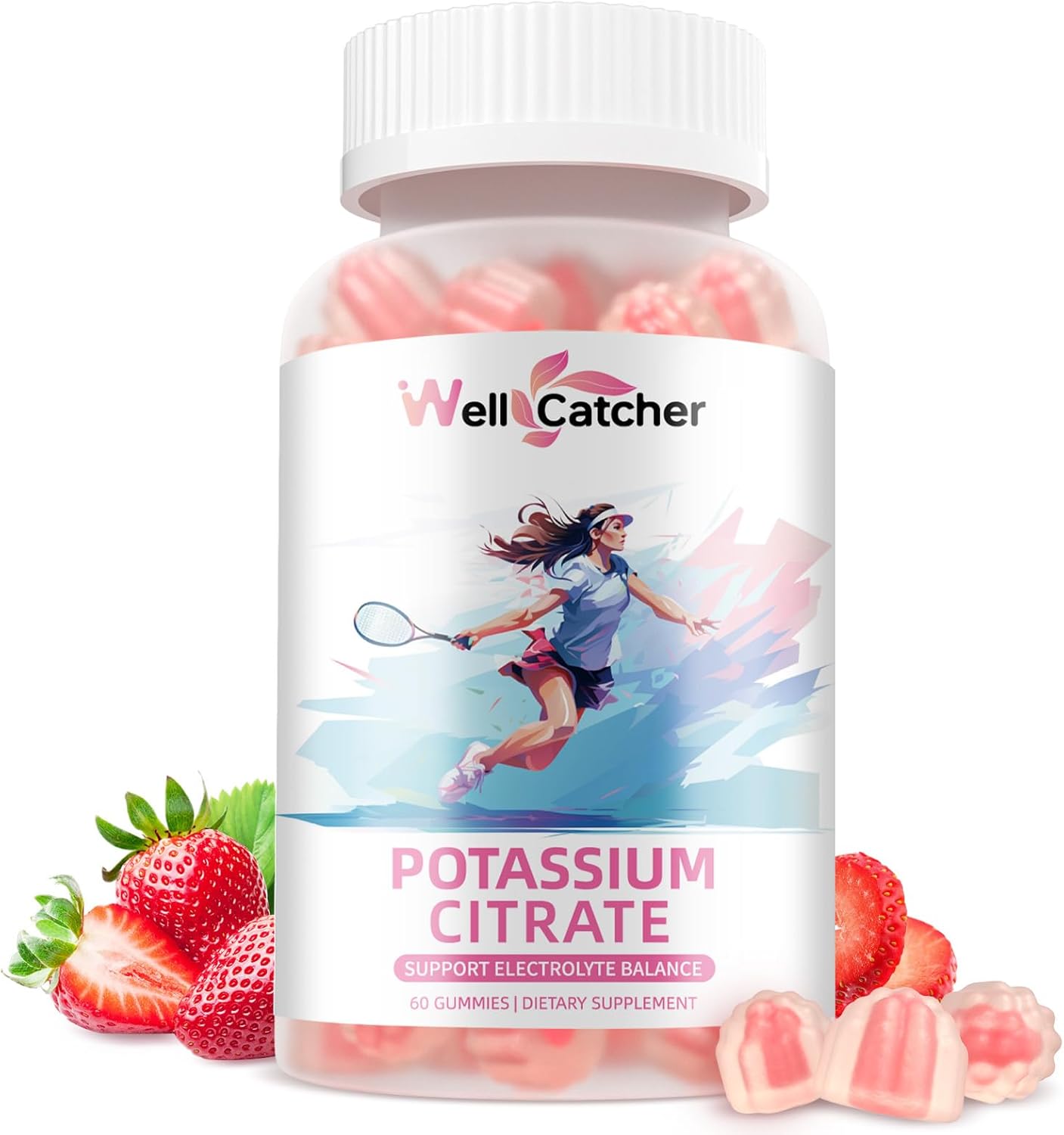 Organic Strawberry Flavor Wellcatcher Potassium Citrate Gummies - 500 MG High Potassium Supplement for Adults, Sugar-Free Vegan Support for Electrolyte Balance and Leg Cramps - 2 Packs