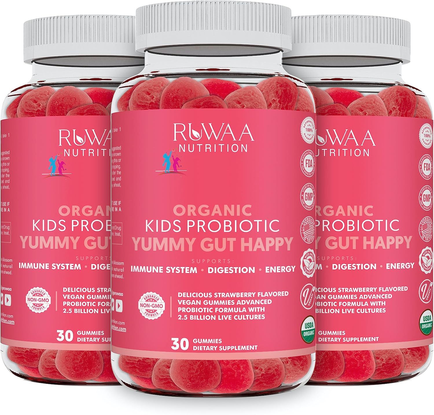 Organic Strawberry Flavored Kid's Probiotic Gummies for Digestive Health - 90ct (3 Pack)