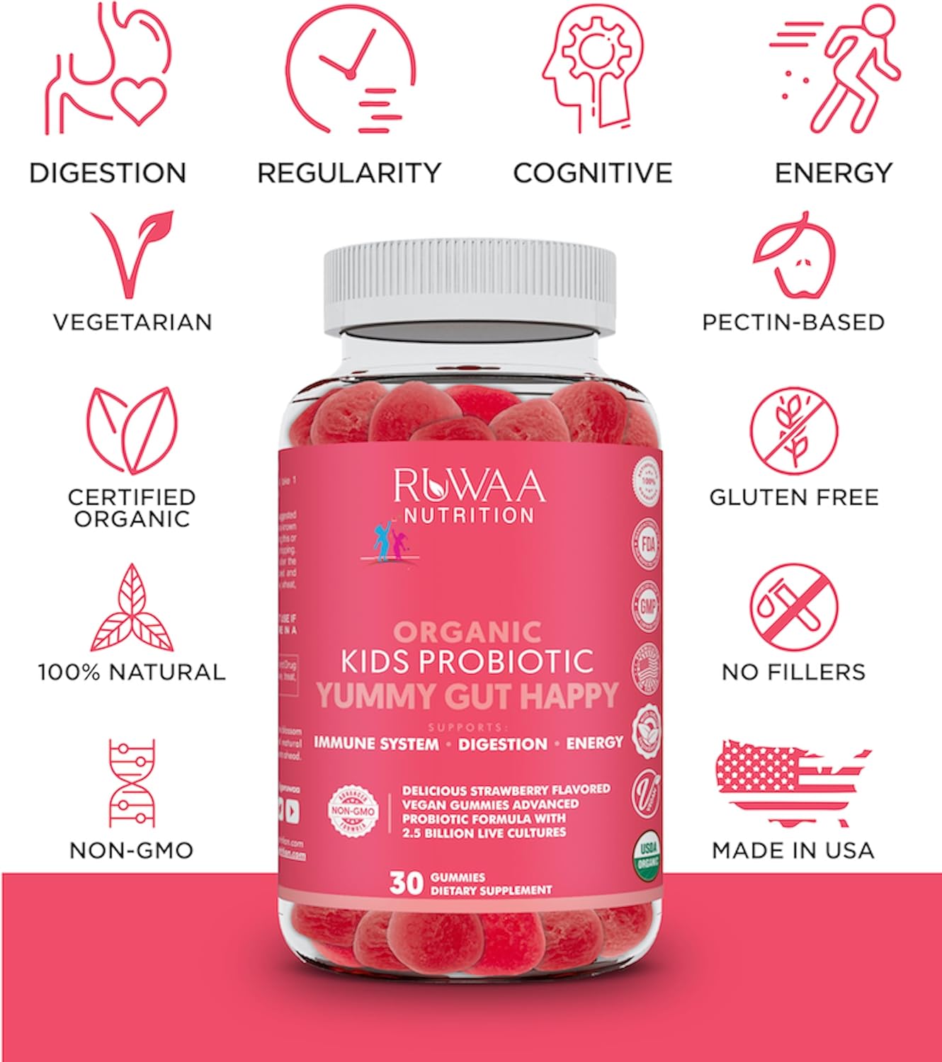 Organic Strawberry Flavored Kid's Probiotic Gummies for Digestive Health - 90ct (3 Pack)