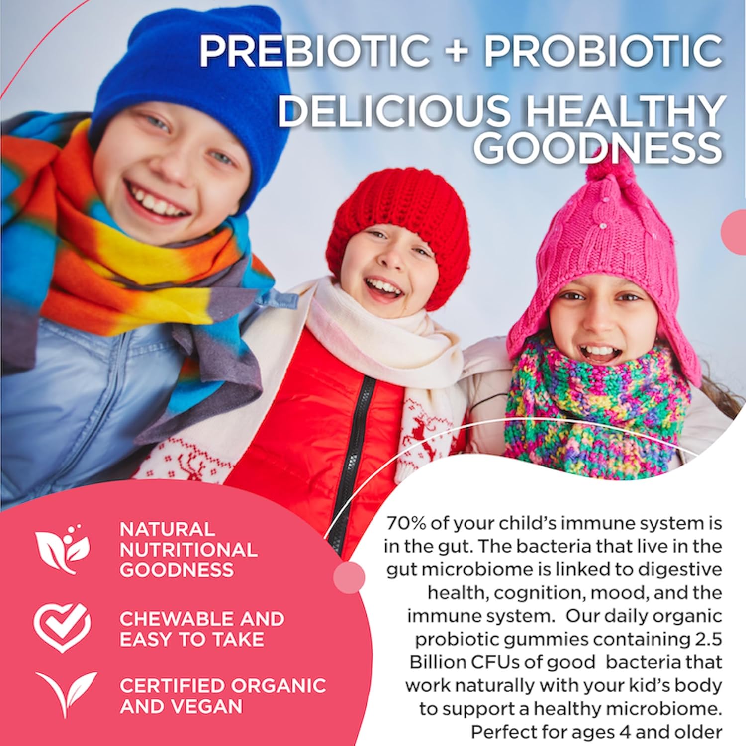 Organic Strawberry Flavored Kid's Probiotic Gummies for Digestive Health - 90ct (3 Pack)