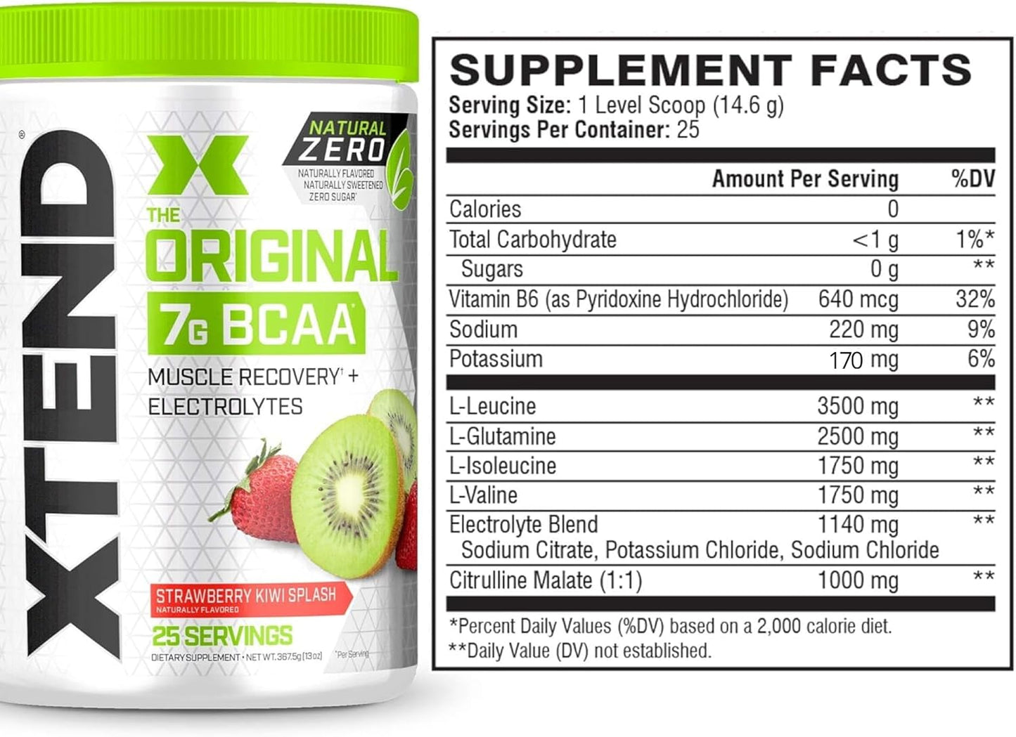 Organic Strawberry Kiwi BCAA Powder without Artificial Additives | Post Workout Drink with Amino Acids | 7g BCAAs | 25 Servings