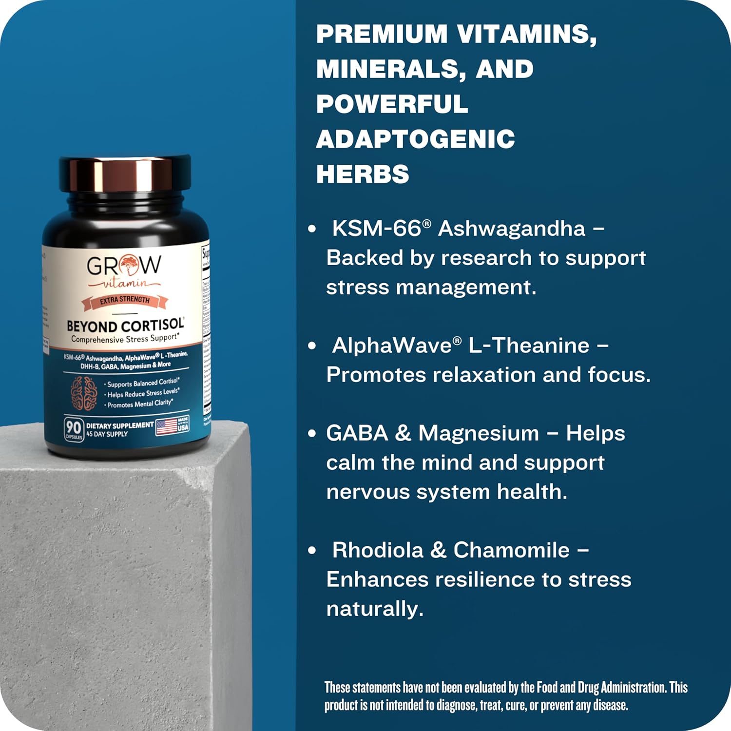 Organic Stress Relief Capsules with Ashwagandha, L-Theanine, GABA, Magnesium, 5-HTP - Mood & Focus Support - 90 Capsules