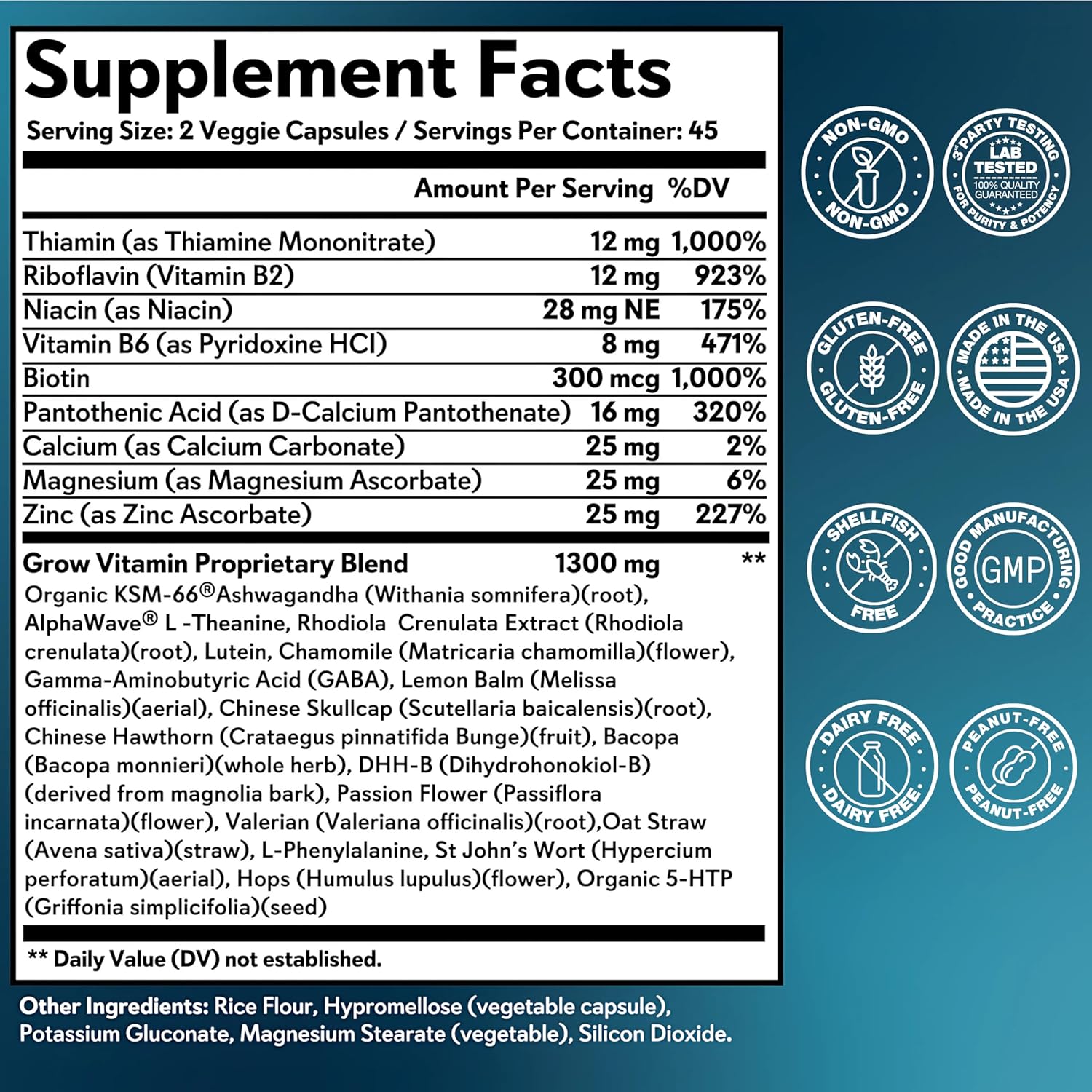 Organic Stress Relief Capsules with Ashwagandha, L-Theanine, GABA, Magnesium, 5-HTP - Mood & Focus Support - 90 Capsules