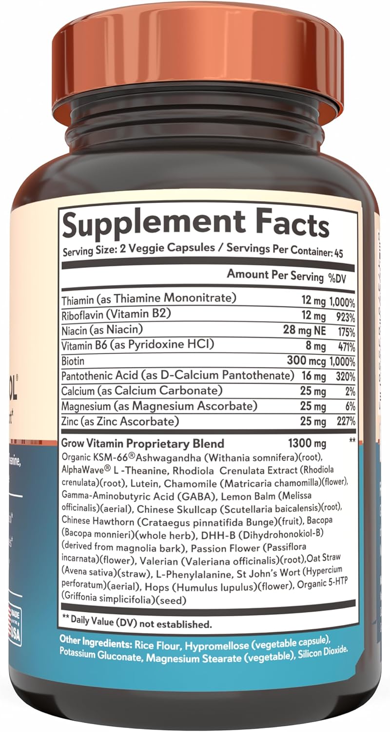 Organic Stress Relief Capsules with Ashwagandha, L-Theanine, GABA, Magnesium, 5-HTP - Mood & Focus Support - 90 Capsules