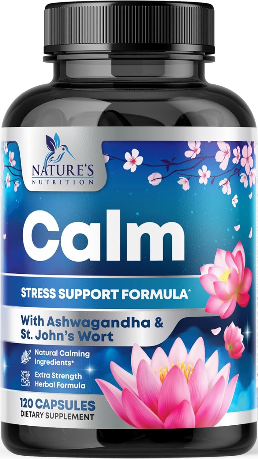 Organic Stress Relief & Relaxation Support Capsules with Ashwagandha, GABA, Magnesium, 5-HTP, L-Theanine & B Vitamins - Non-GMO, Vegan, Gluten-Free - 120 Count