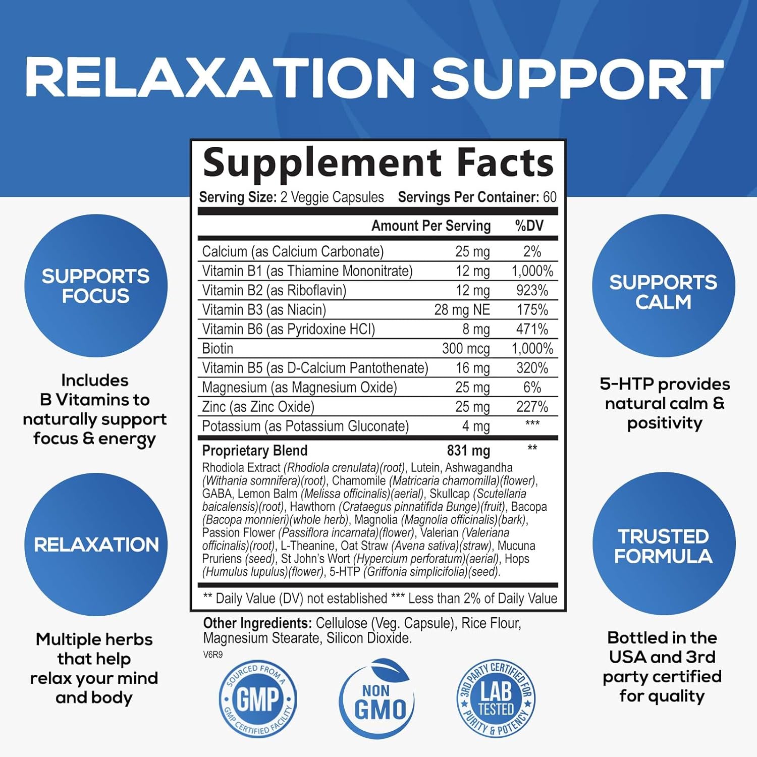 Organic Stress Relief & Relaxation Support Capsules with Ashwagandha, GABA, Magnesium, 5-HTP, L-Theanine & B Vitamins - Non-GMO, Vegan, Gluten-Free - 120 Count