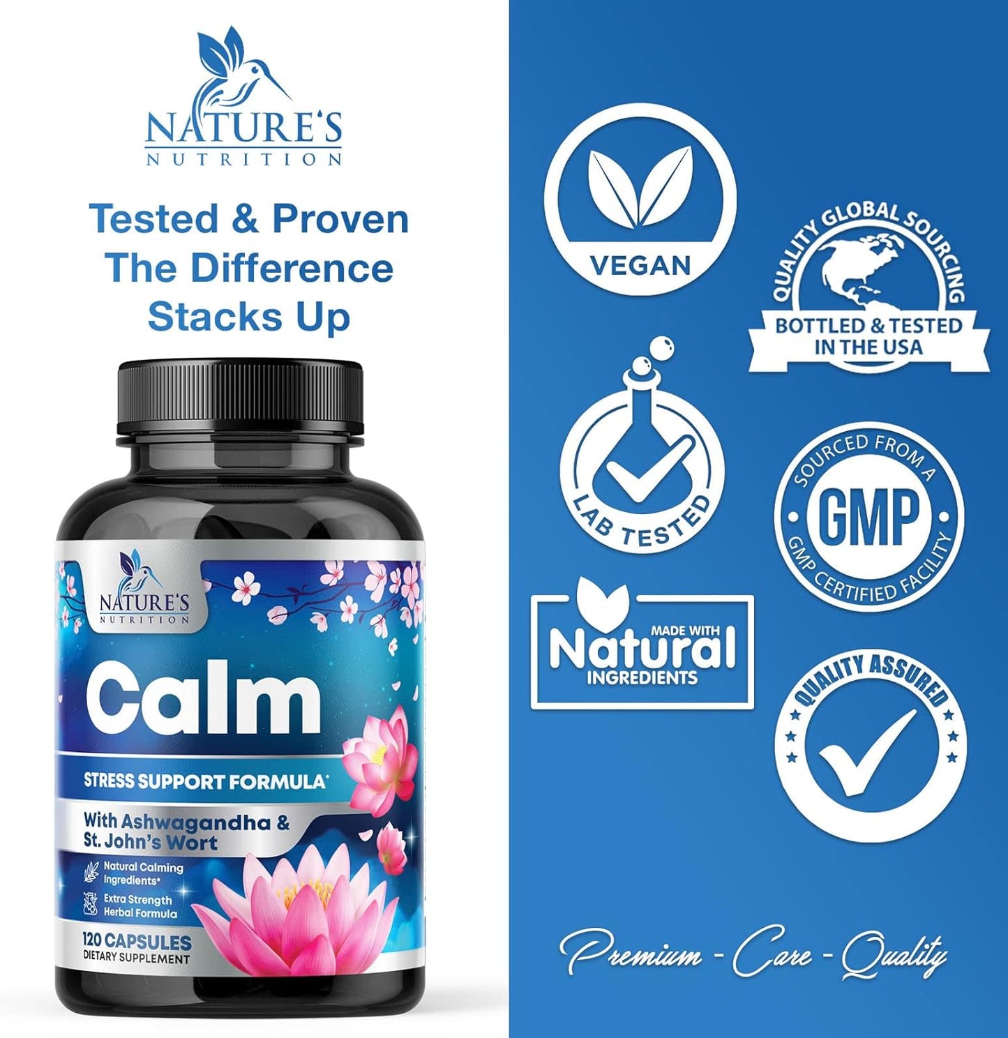 Organic Stress Relief & Relaxation Support Capsules with Ashwagandha, GABA, Magnesium, 5-HTP, L-Theanine & B Vitamins - Non-GMO, Vegan, Gluten-Free - 120 Count