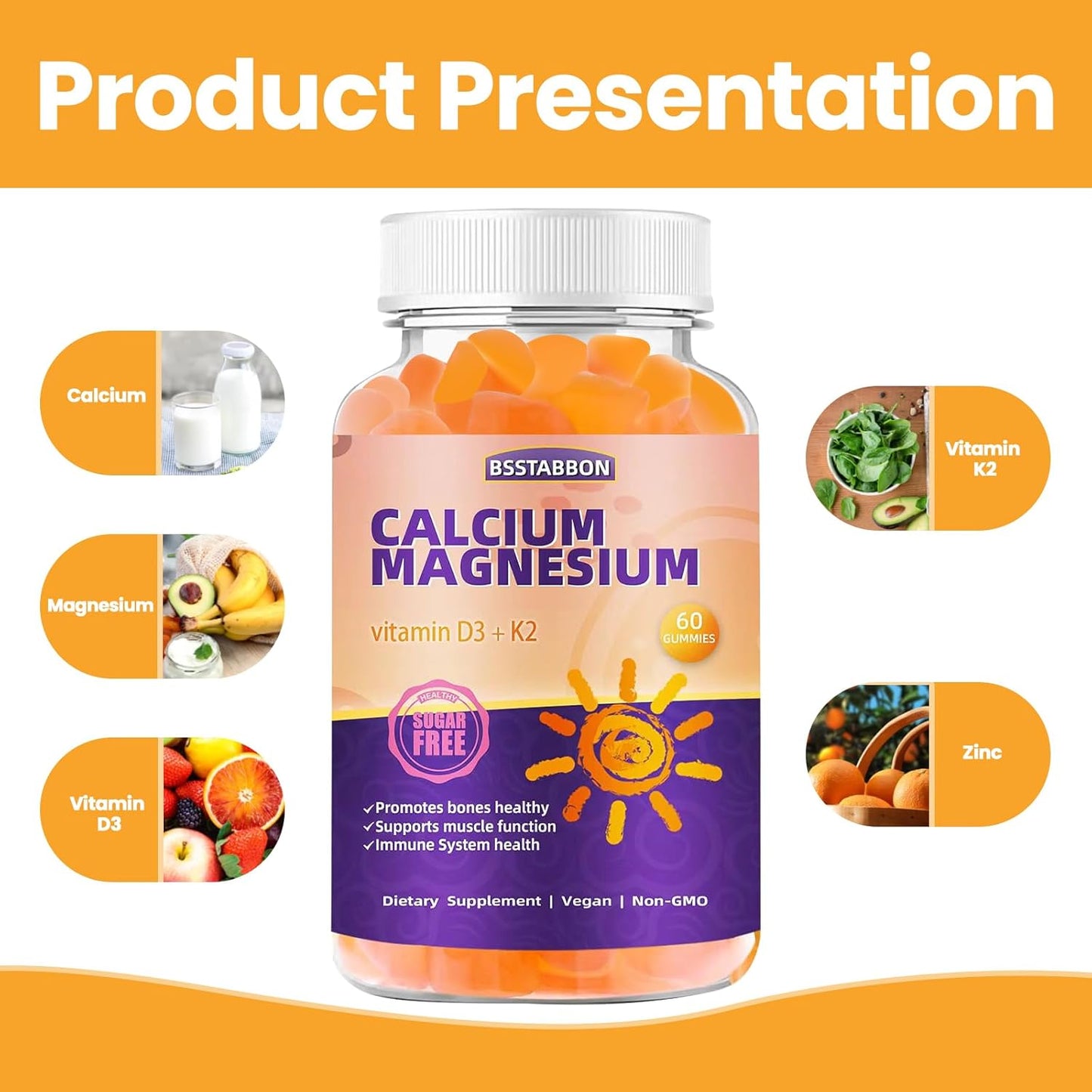 Organic Sugar-Free Calcium Magnesium Gummies with Zinc, Vitamin D3, and K2 - High Absorption for Immune Strength - 60 Count for Adults