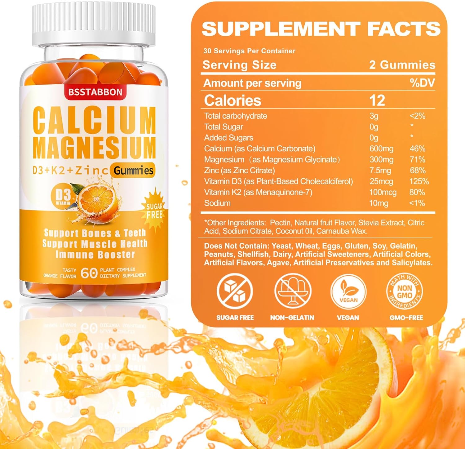 Organic Sugar-Free Calcium Magnesium Zinc Gummies with Vitamin D3 K2 - High Absorption Immune Strength Support for Adults - Vegan Chewable Gummy (60 Count)