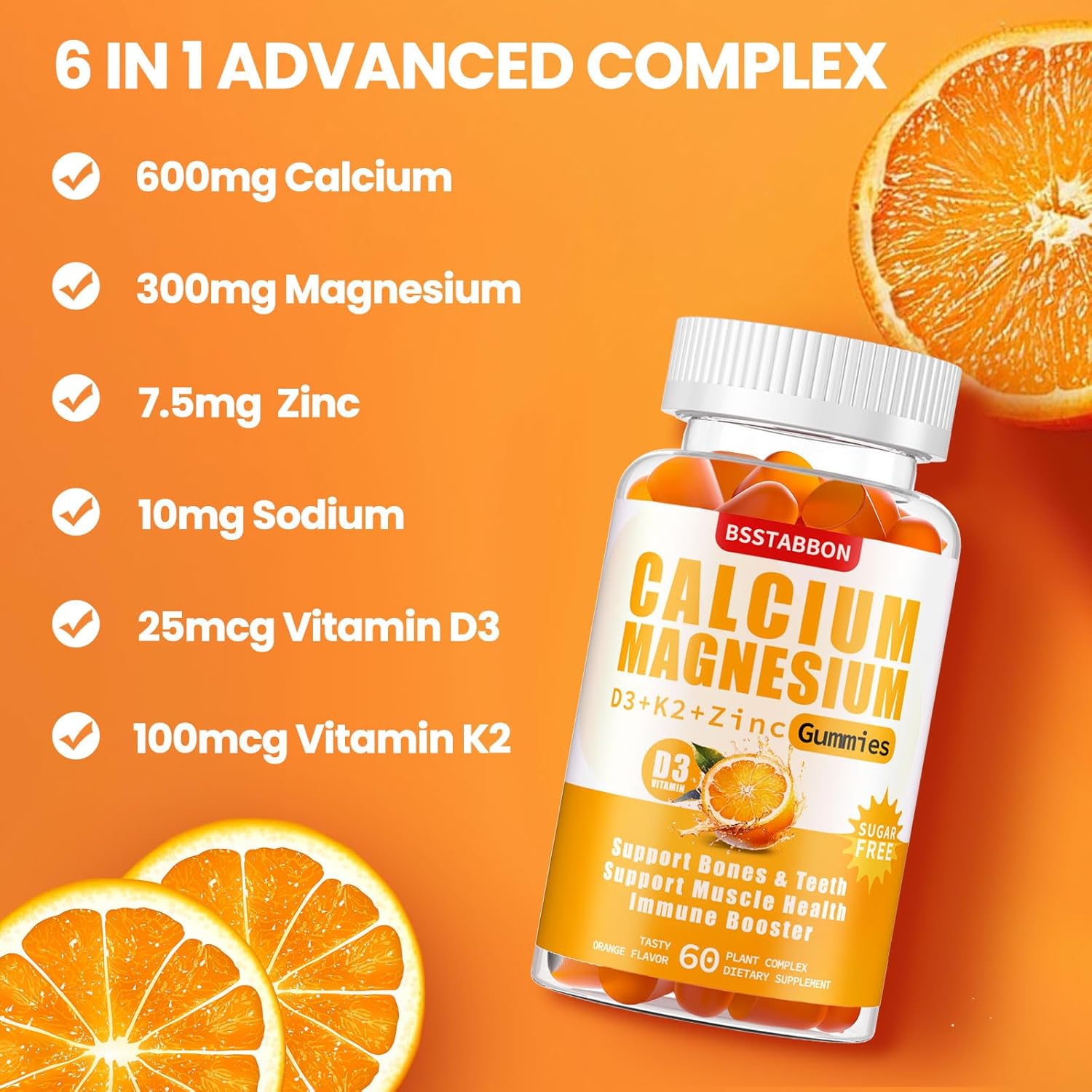 Organic Sugar-Free Calcium Magnesium Zinc Gummies with Vitamin D3 K2 - High Absorption Immune Strength Support for Adults - Vegan Chewable Gummy (60 Count)