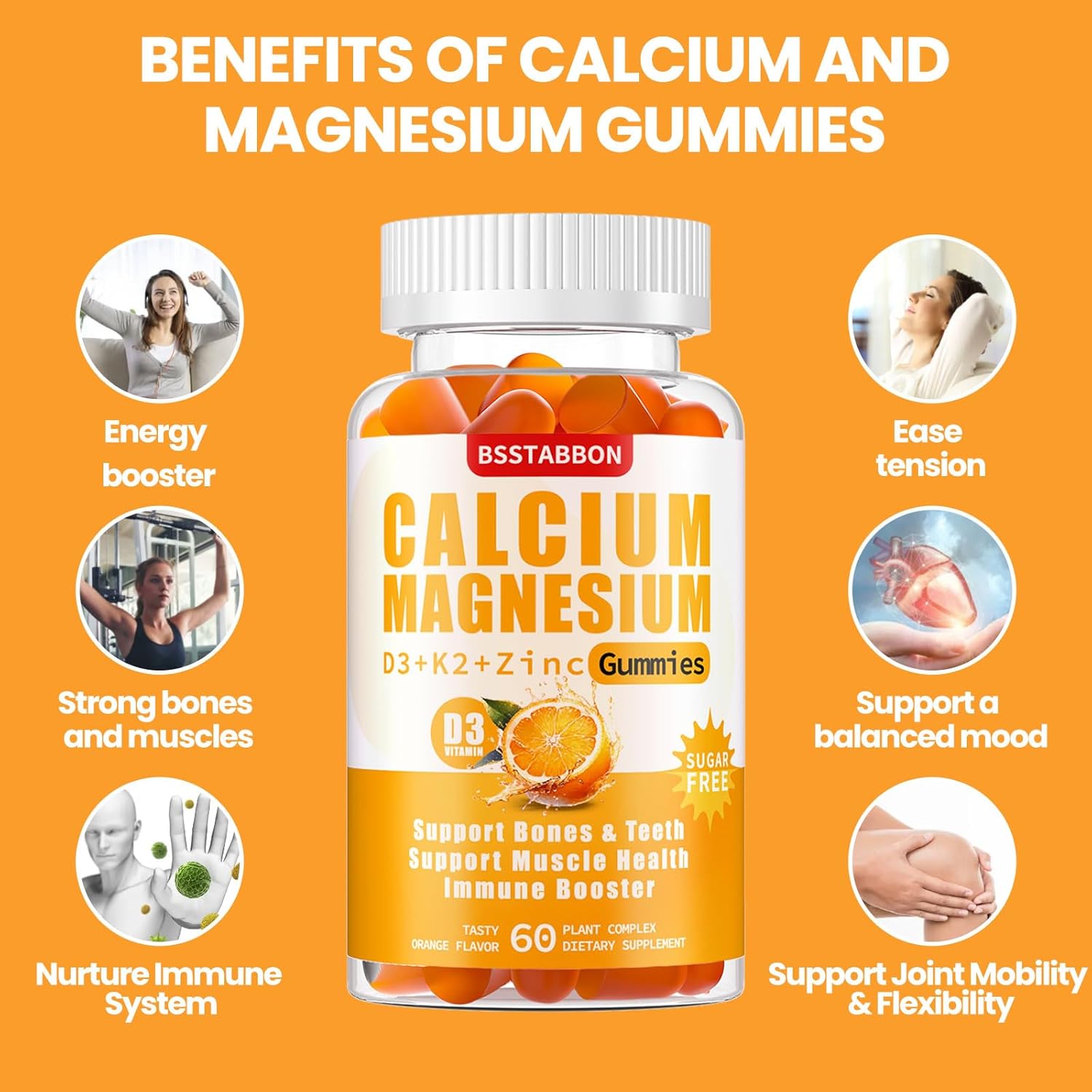 Organic Sugar-Free Calcium Magnesium Zinc Gummies with Vitamin D3 K2 - High Absorption Immune Strength Support for Adults - Vegan Chewable Gummy (60 Count)