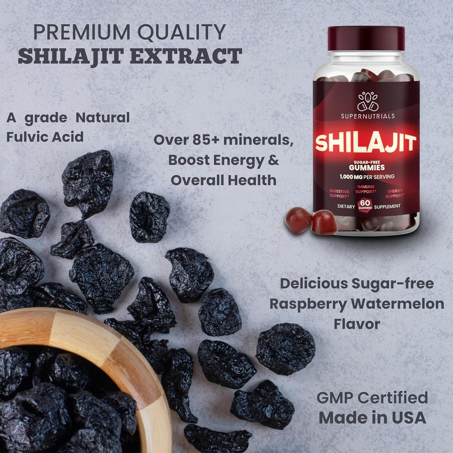 Organic Sugar-Free Himalayan Shilajit Gummies for Energy & Immune Support - 1000mg Pure Extract - Non-GMO Vegan Formula for Men & Women