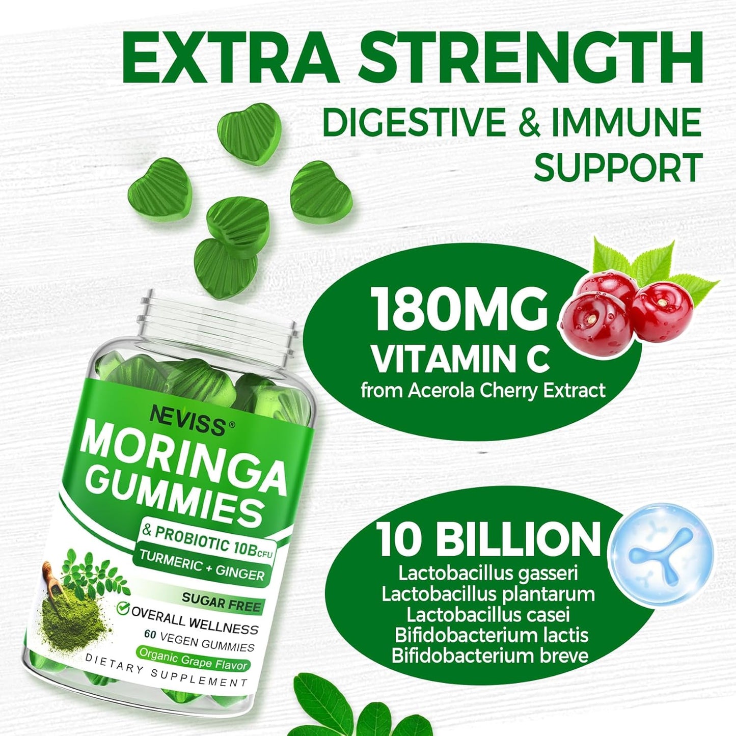 Organic Sugar-Free Moringa Gummies with Probiotics & Turmeric for Gut & Immune Support - Vegan Chewable Supplement for Adults - 120 Count