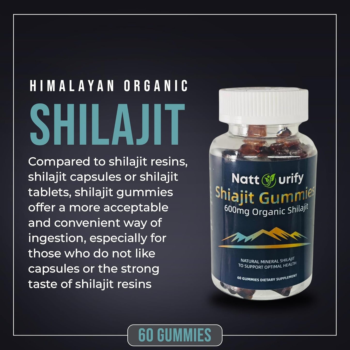 Organic Sugar-Free Shilajit Gummies 600mg - Daily Supplement for Adults - 100% Pure - One-Month Supply (60 Gummies)