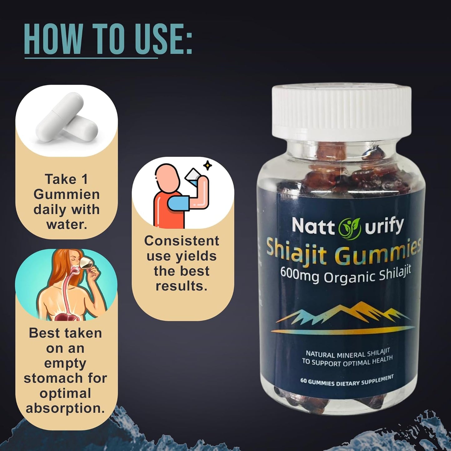 Organic Sugar-Free Shilajit Gummies 600mg - Daily Supplement for Adults - 100% Pure - One-Month Supply (60 Gummies)